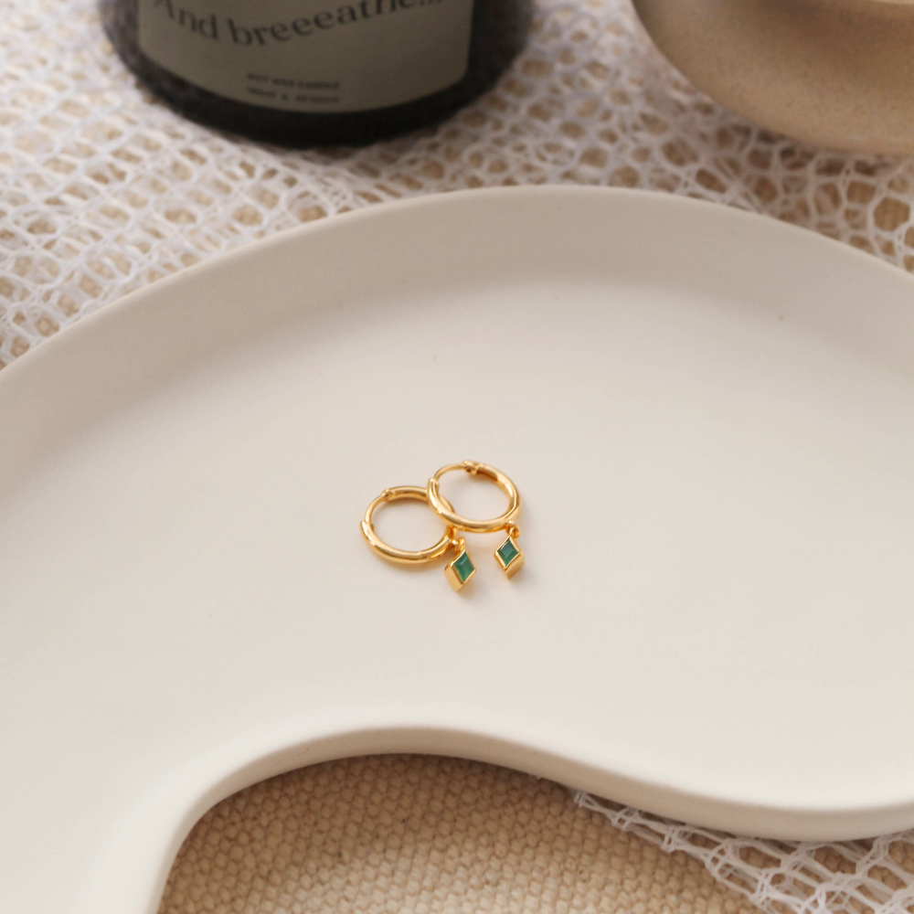 Gold Ethereal Green Onyx Charm Huggie Earrings