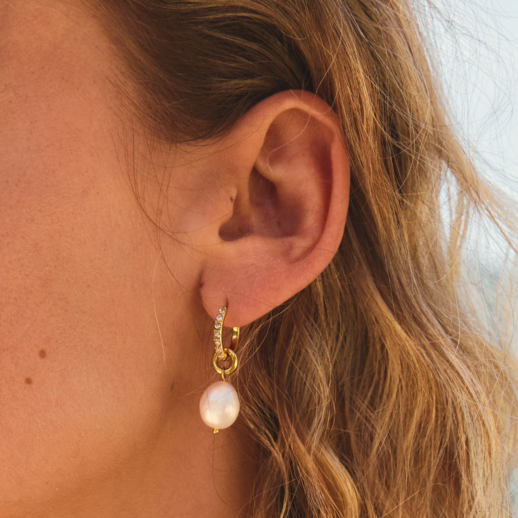 Gold Statement Crystal Pearl Charm Huggies