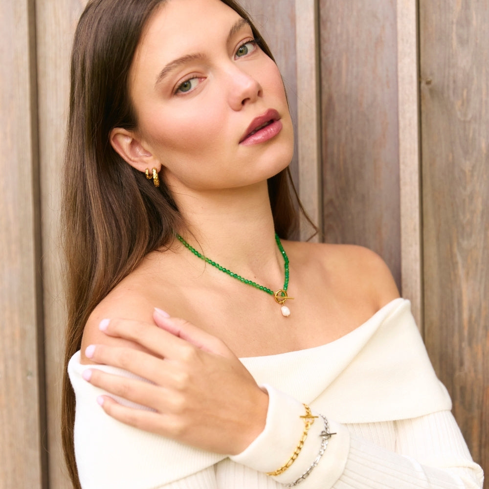 Gold Cala Green Agate Pearl Necklace