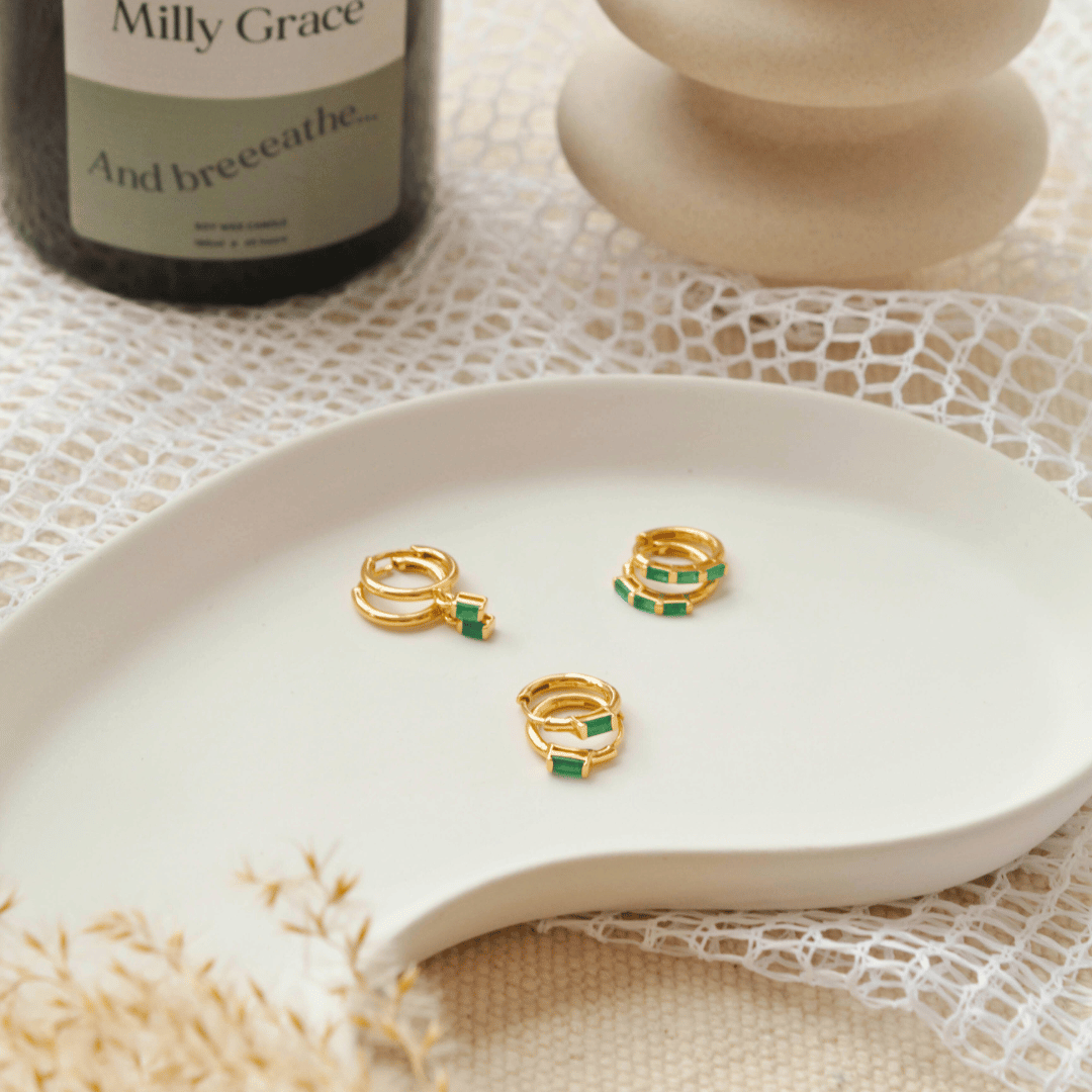 Gold Green Onyx Baguette Huggie Earrings