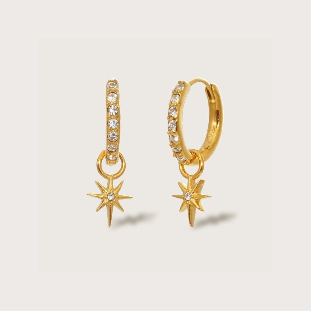 Gold Crystal Star Charm Huggie Earrings Waterproof Tarnish