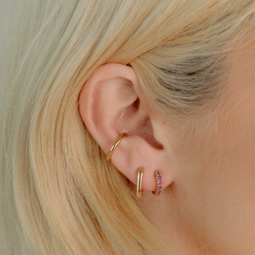 Gold Amethyst Gemstone Huggie Earrings