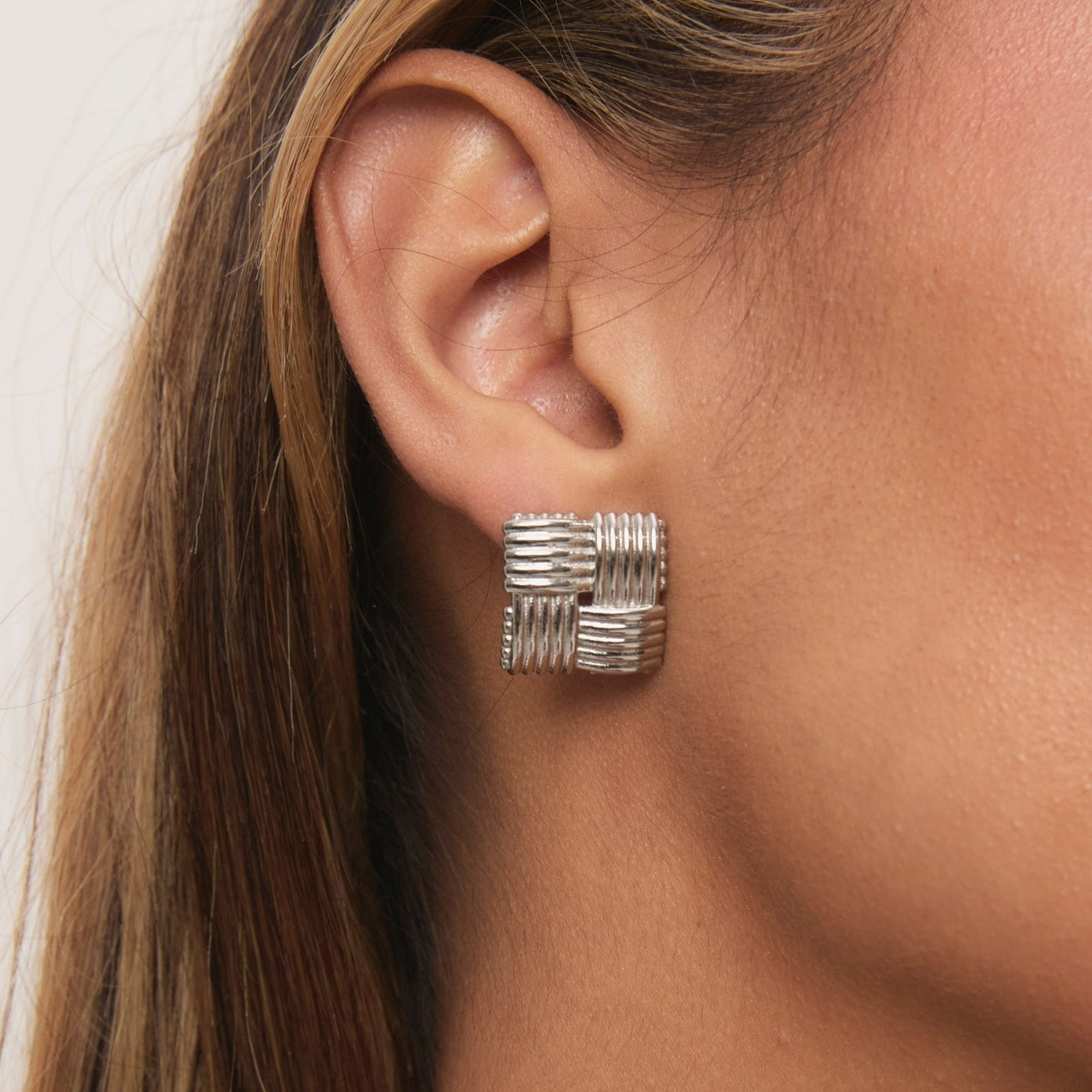 Silver Square Woven Statement Studs – waterproof silver statement earrings