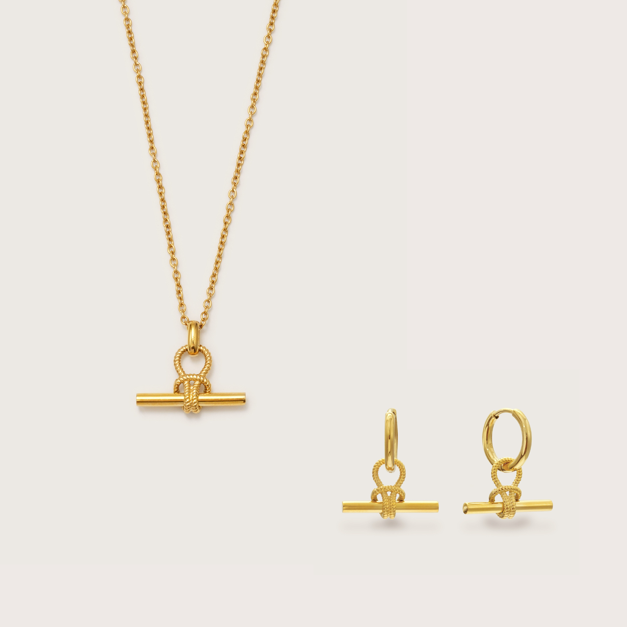 Gold T-Bar Necklace and Earrings Set