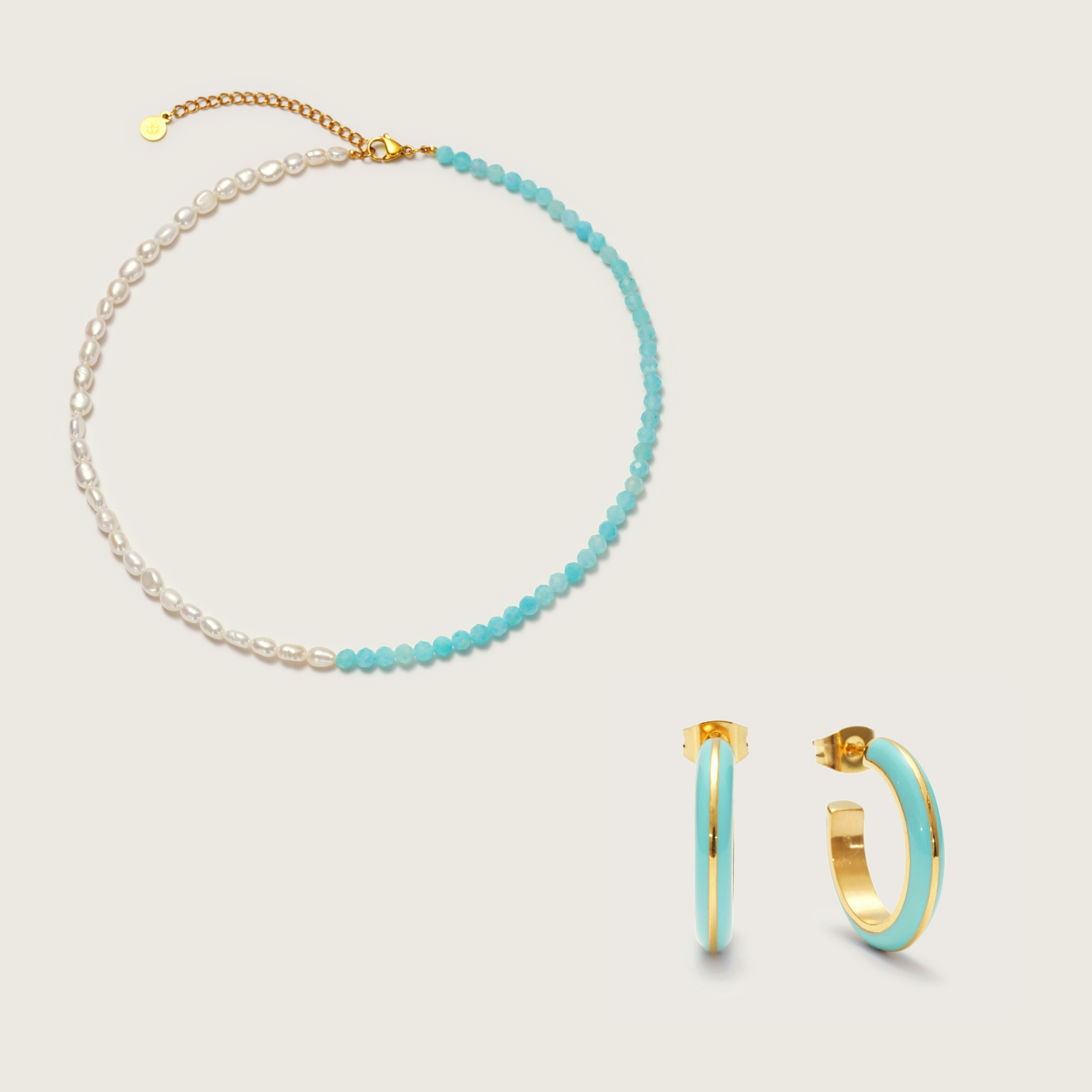 Gold Ona Amazonite Pearl Necklace and Hoops Set