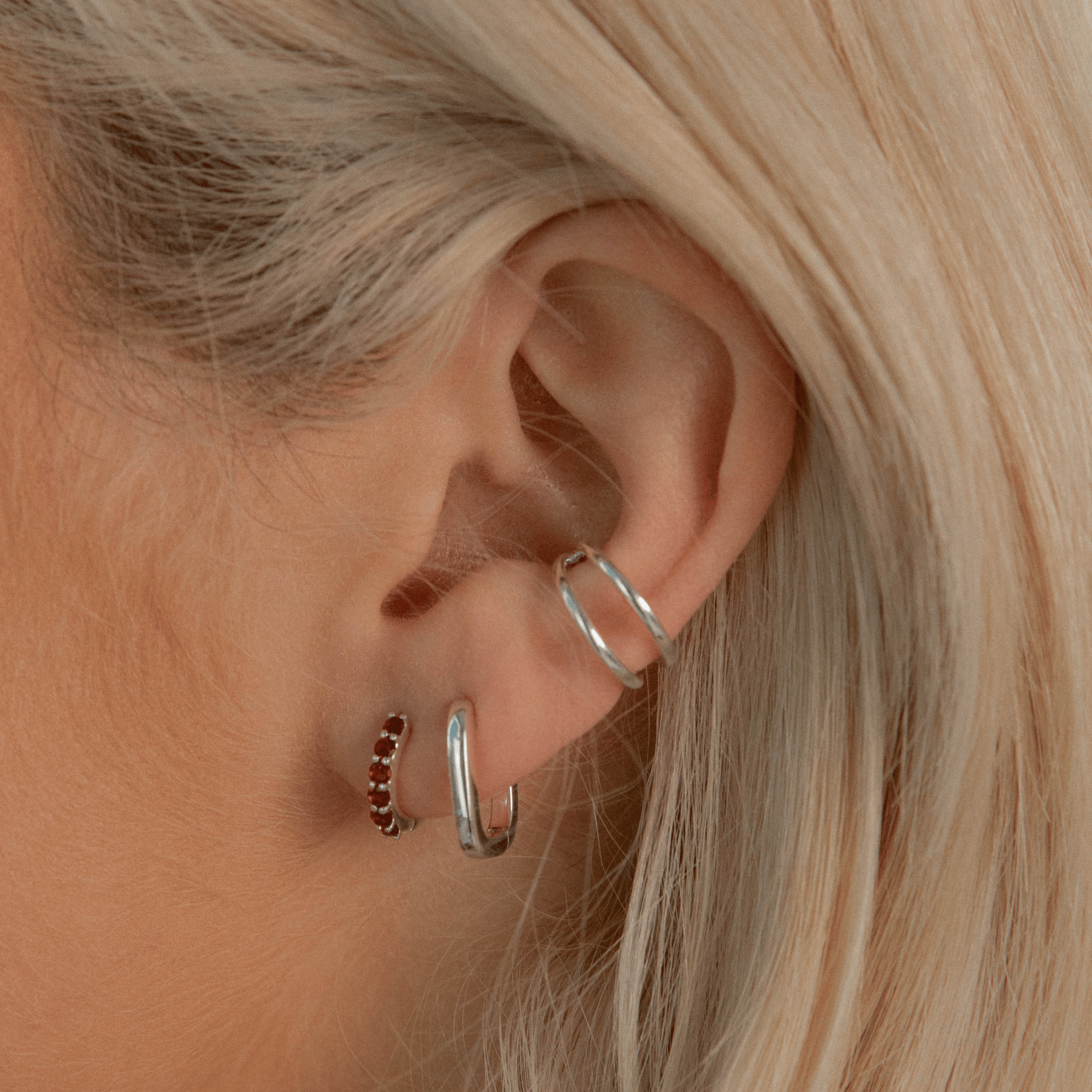 Silver Garnet Gemstone Huggie Earrings