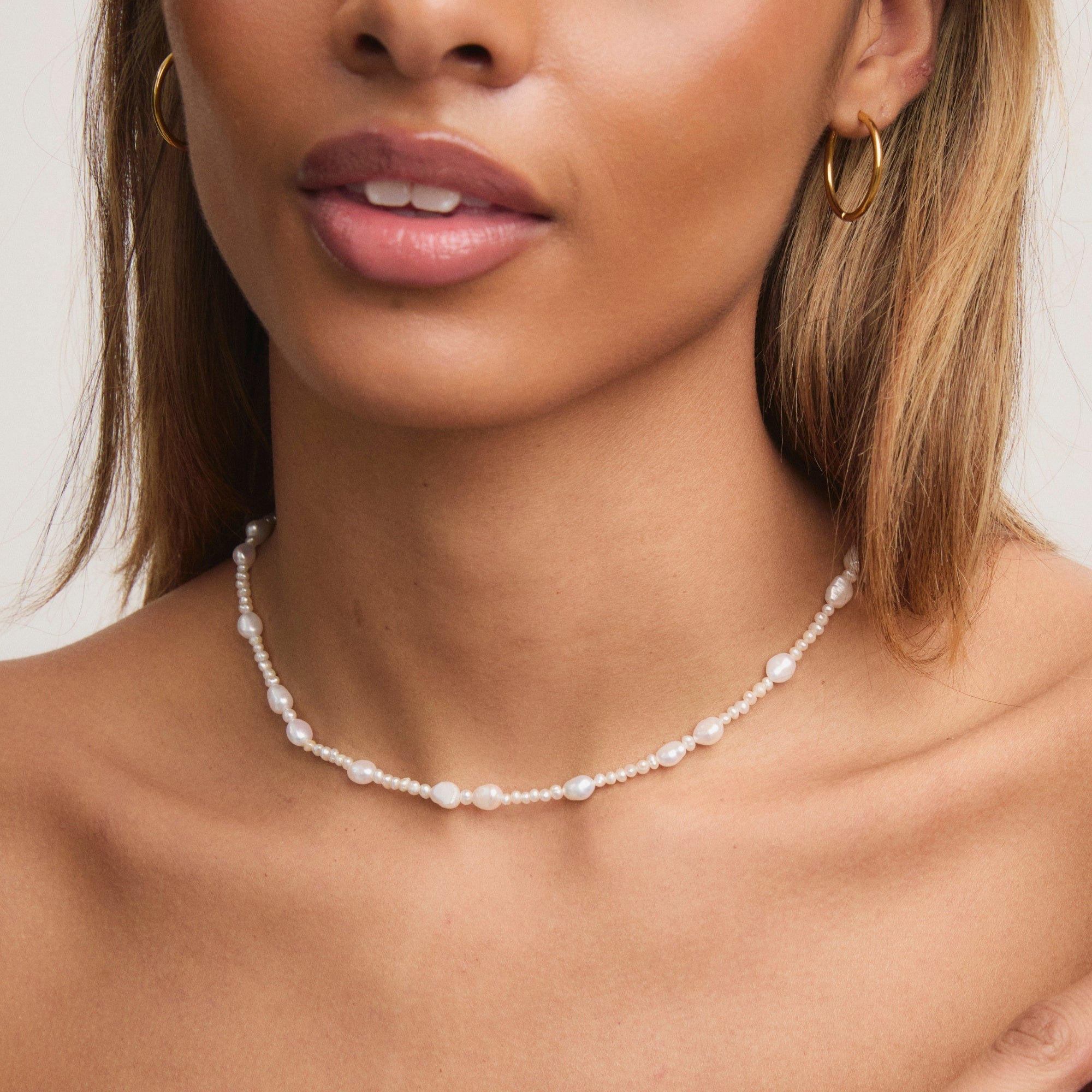 Gold Pearl Choker on model