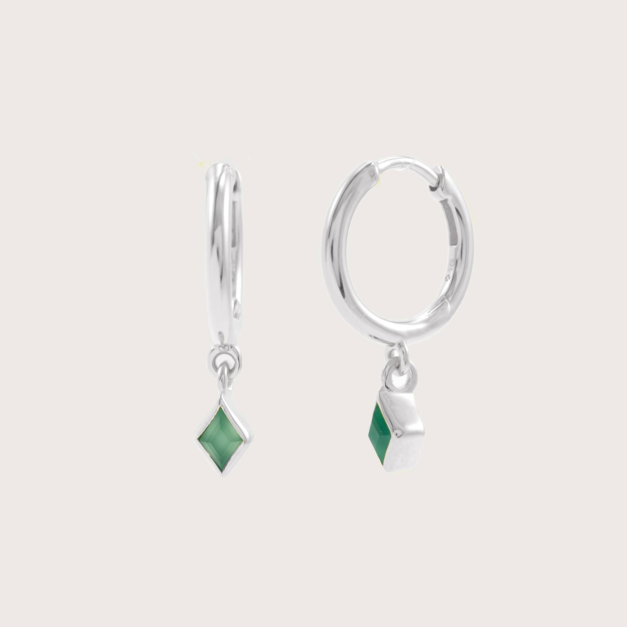 Silver Ethereal Green Onyx Charm Huggie Earrings