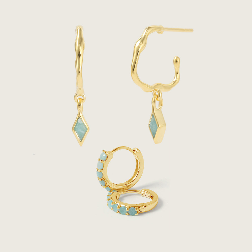Gold Ethereal Amazonite Charm Hoops and Huggies Stacking Set