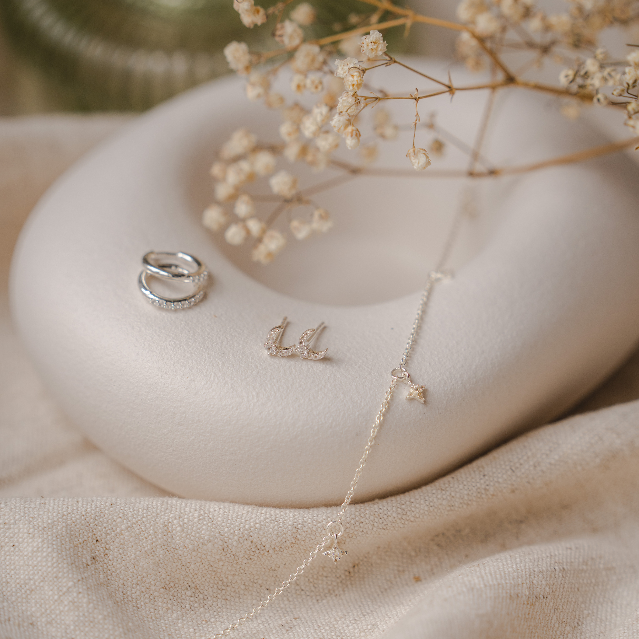 Silver Single White Topaz Crescent Moon Stud Earring
