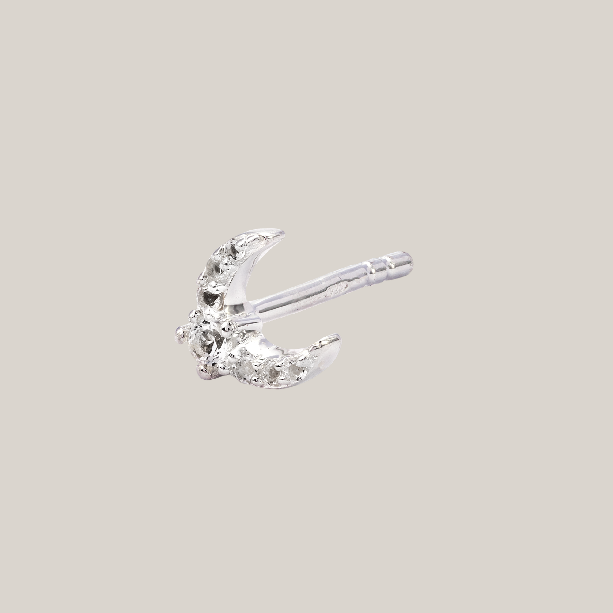 Silver Single White Topaz Crescent Moon Stud Earring