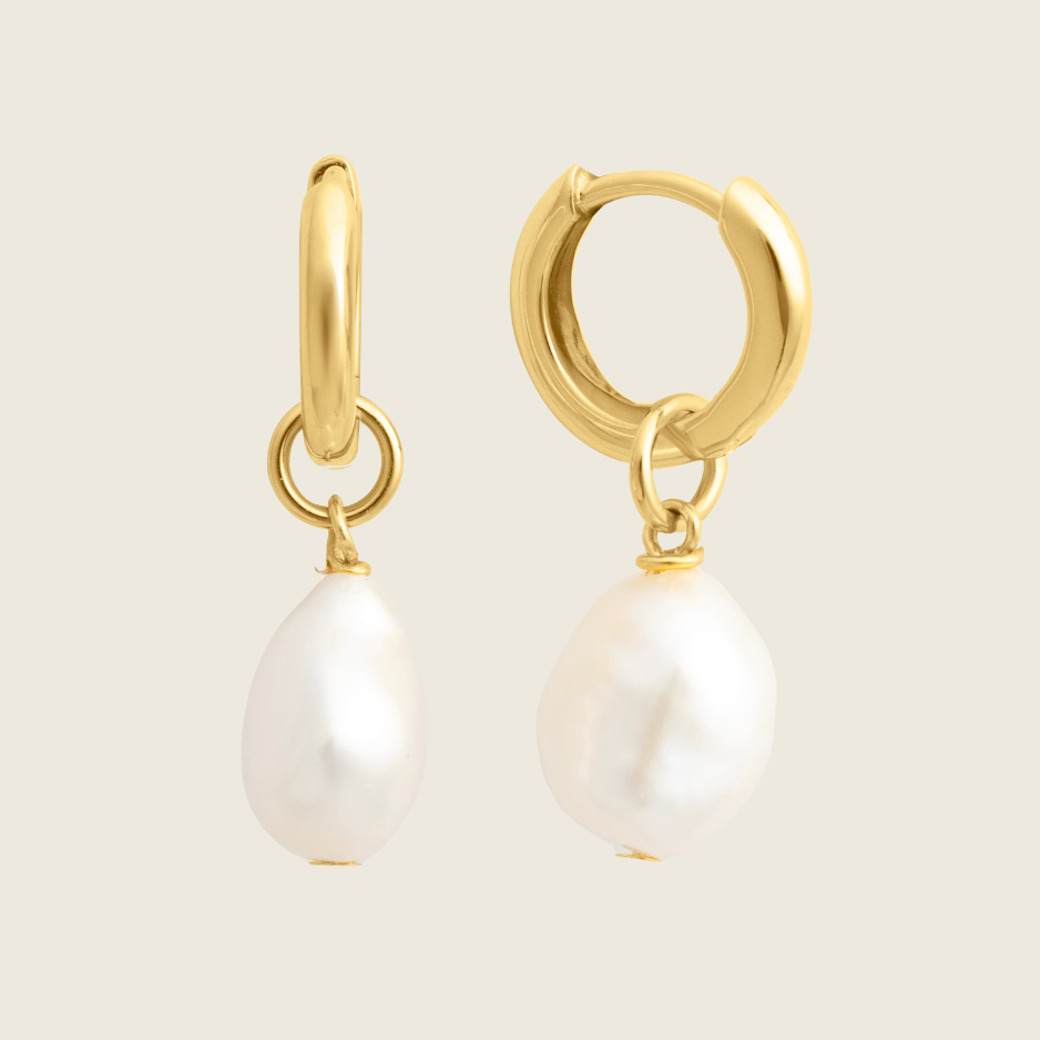 Gold Baroque Pearl Charm Huggie Earrings