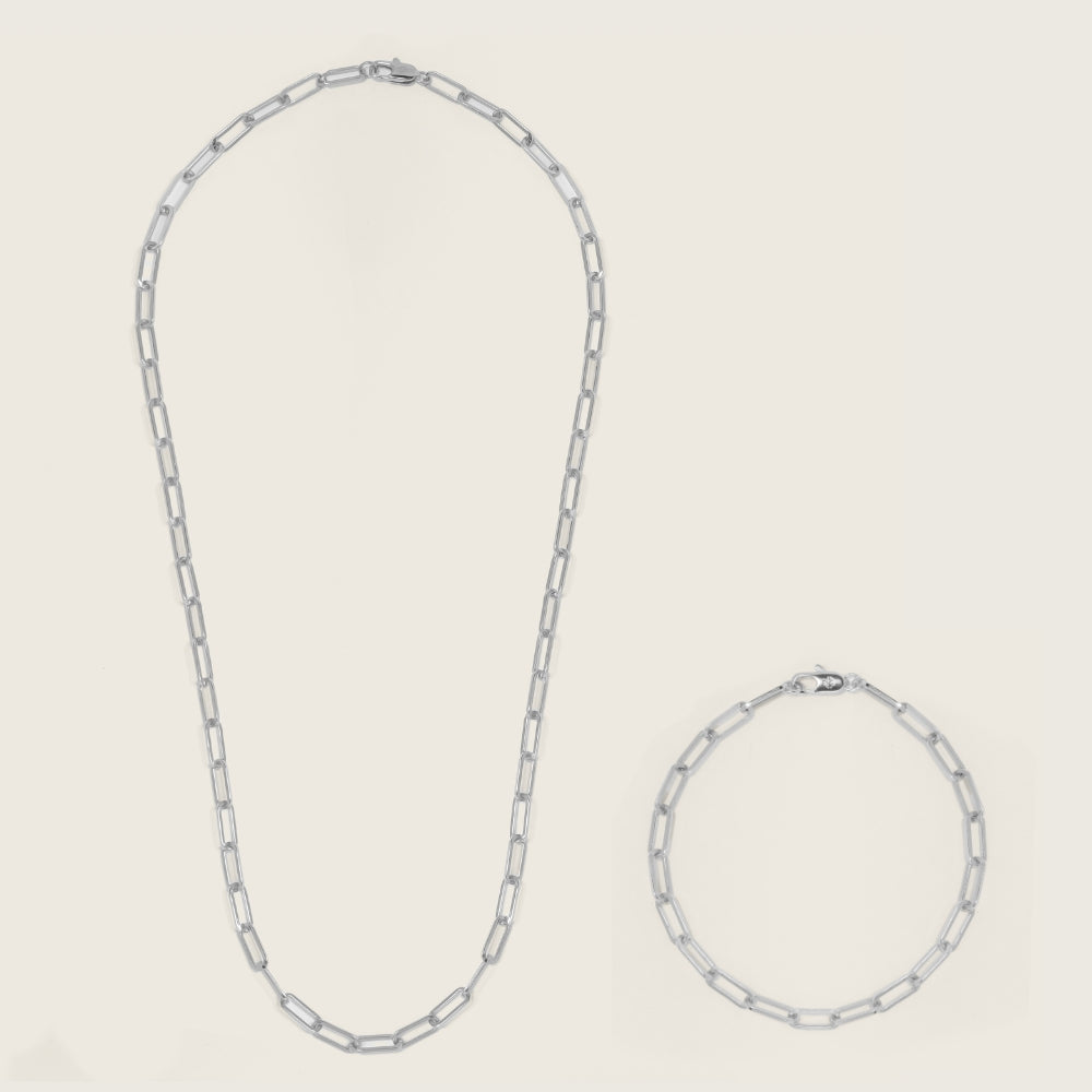 Silver Paperclip Chain Bracelet and Necklace Set