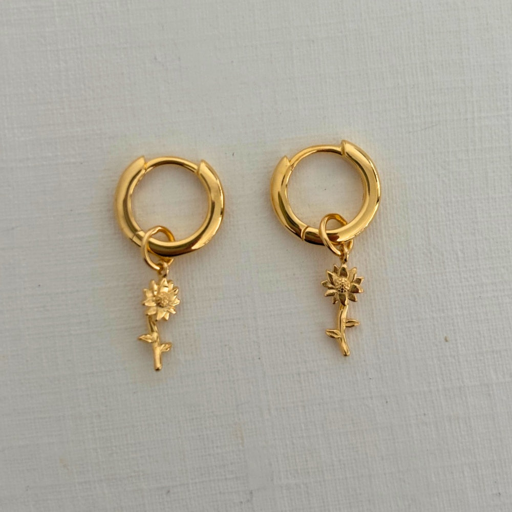 Sample Sale Gold Sunflower Charm Huggies (Sterling Silver)