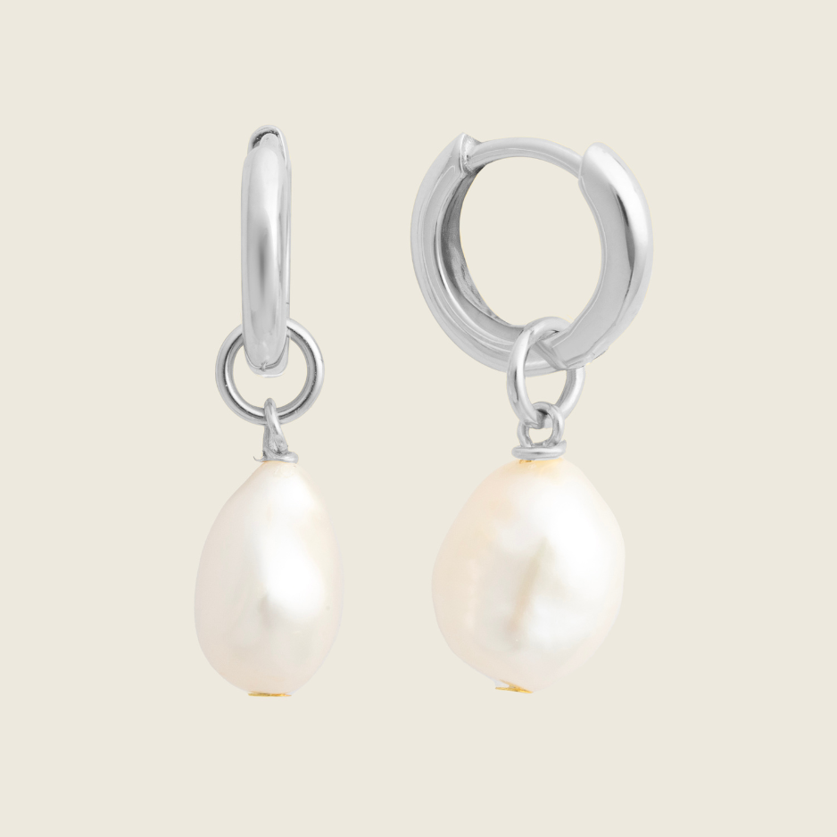 Silver Baroque Pearl Charm Huggie Earrings