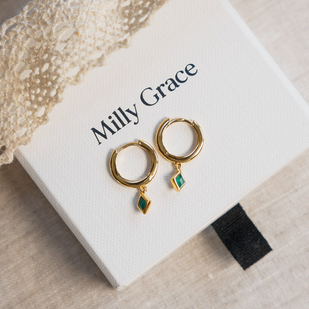 Gold Ethereal Green Onyx Charm Huggie Earrings