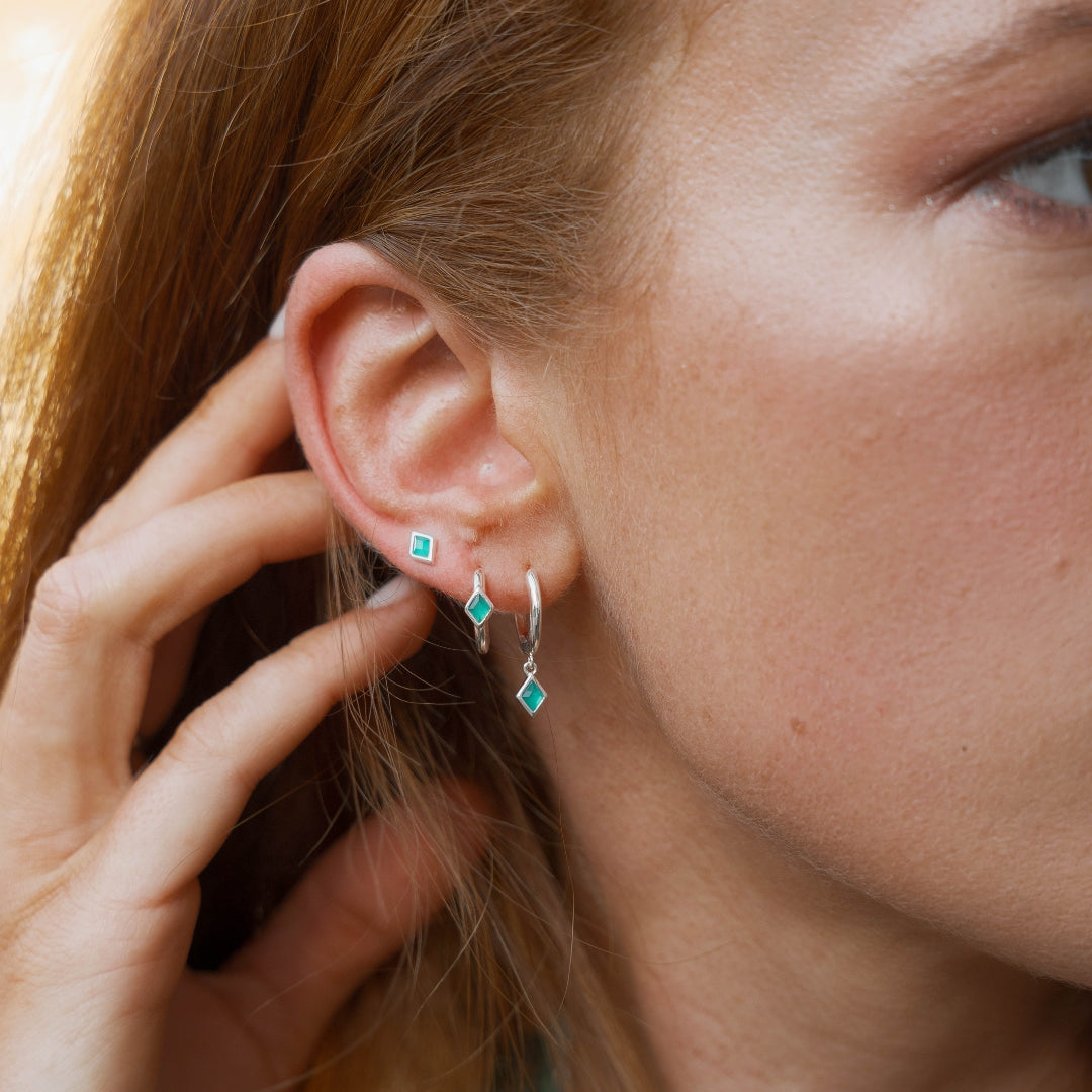 Silver Ethereal Green Onyx Huggie Earrings