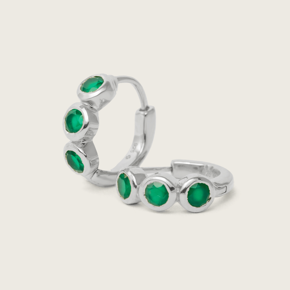 Silver Green Onyx Bezel Huggie Earrings
