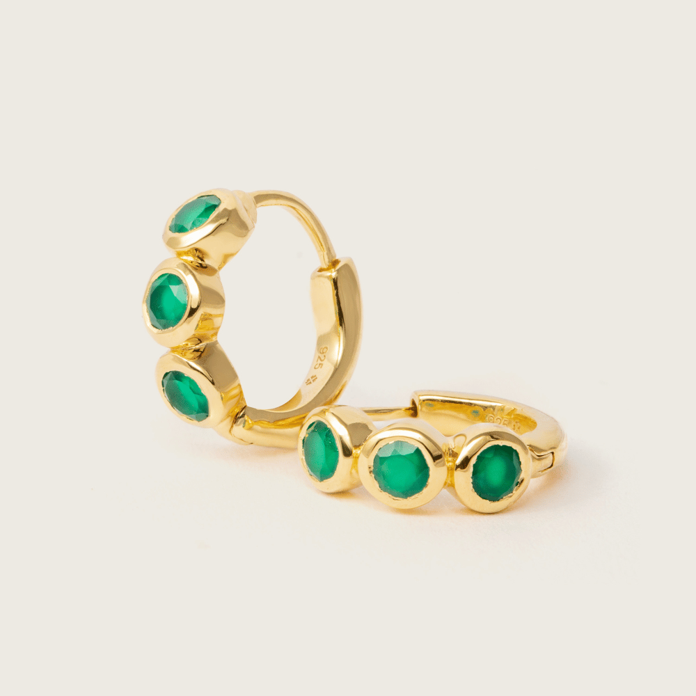 Gold Green Onyx Bezel Huggie Earrings