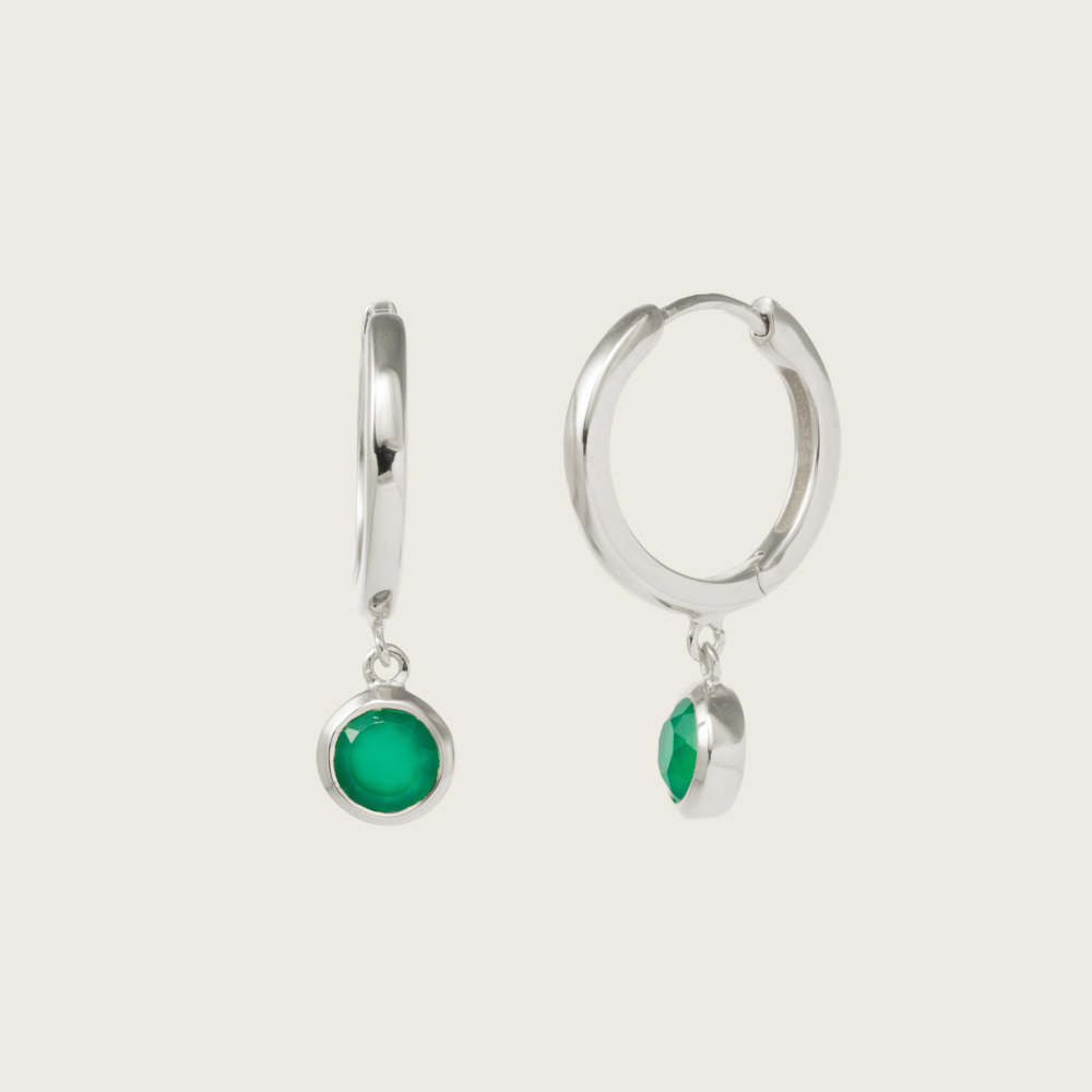 Silver Green Onyx Charm Huggie Earrings