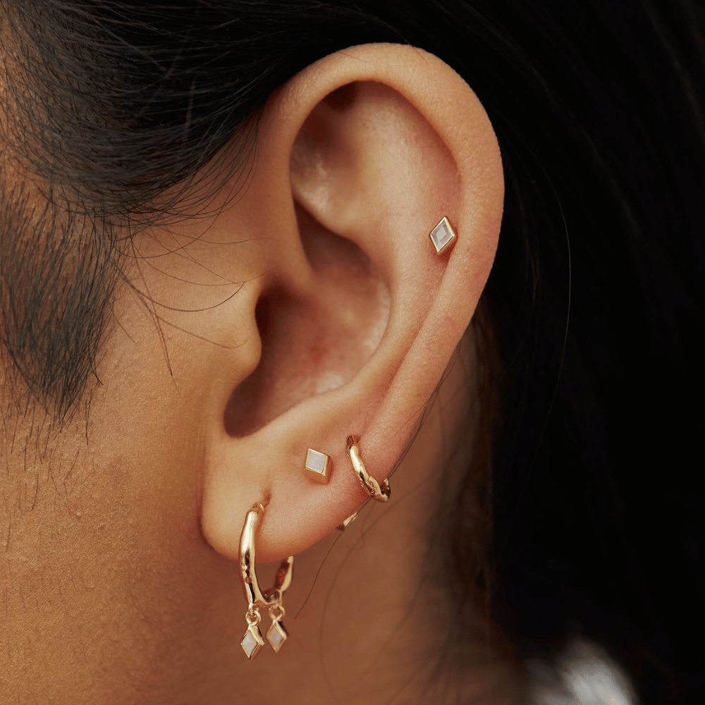 Gold Ethereal Moonstone Double Charm Huggie Earrings