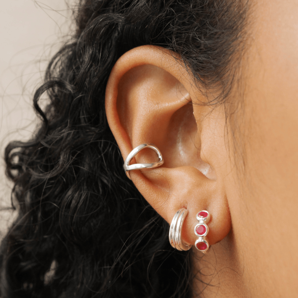 Silver Pink Quartz Bezel Huggie Earrings
