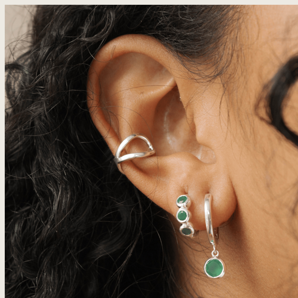 Silver Green Onyx Bezel Huggie Earrings