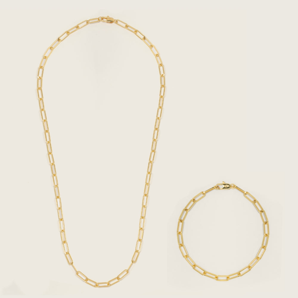 Gold Paperclip Chain Bracelet and Necklace Set