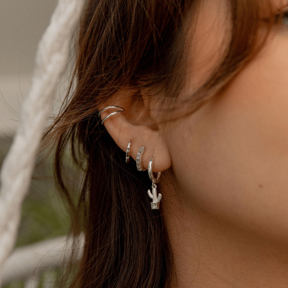 Silver Cactus Huggie Earrings