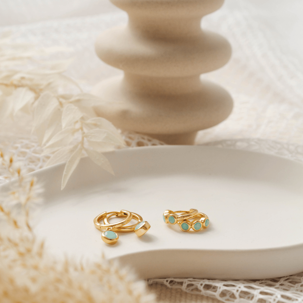 Gold Amazonite Bezel Huggie Earrings