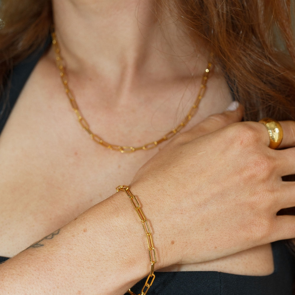 Gold Paperclip Chain Bracelet and Necklace Set