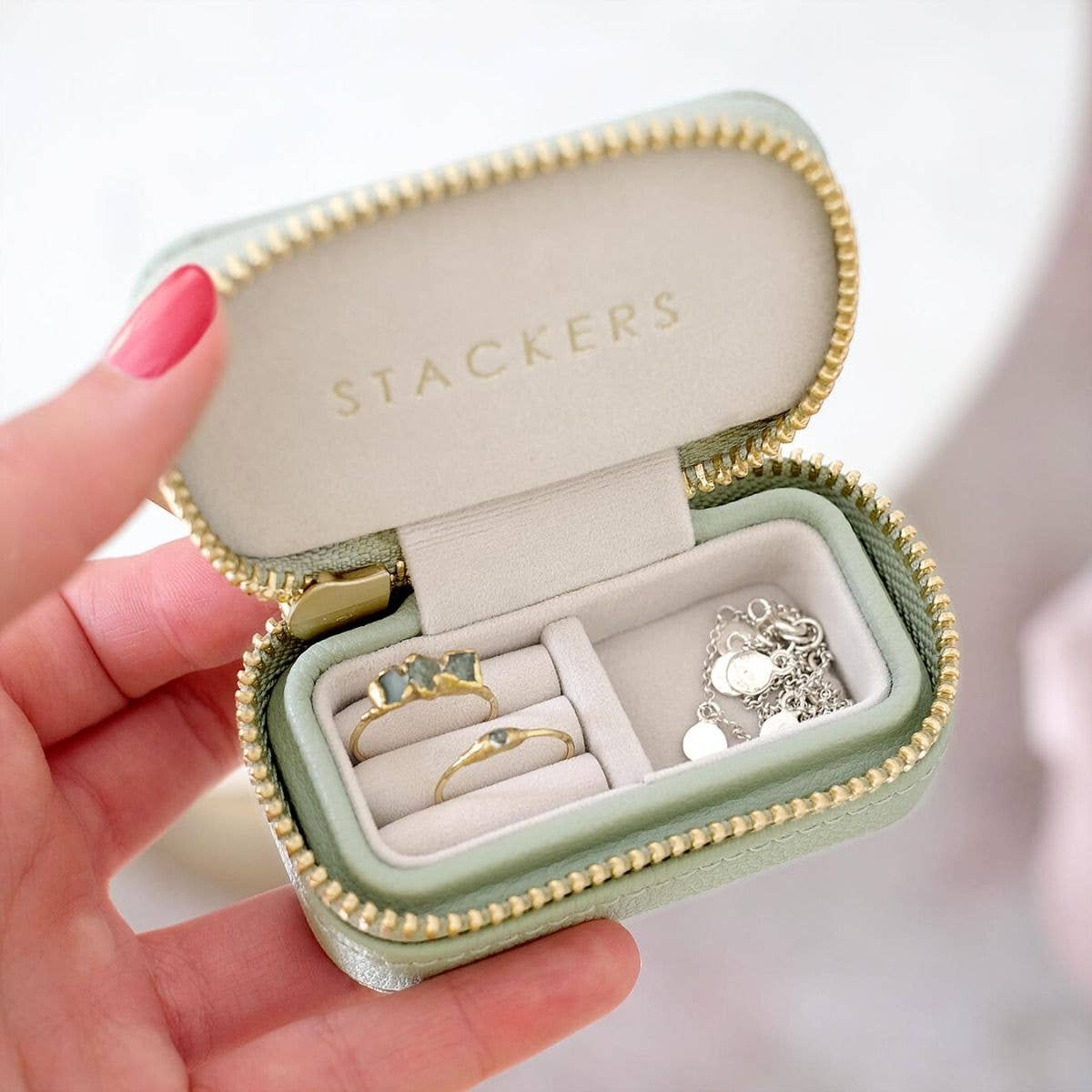 Sage Green Petite Zipped Travel Jewellery Box