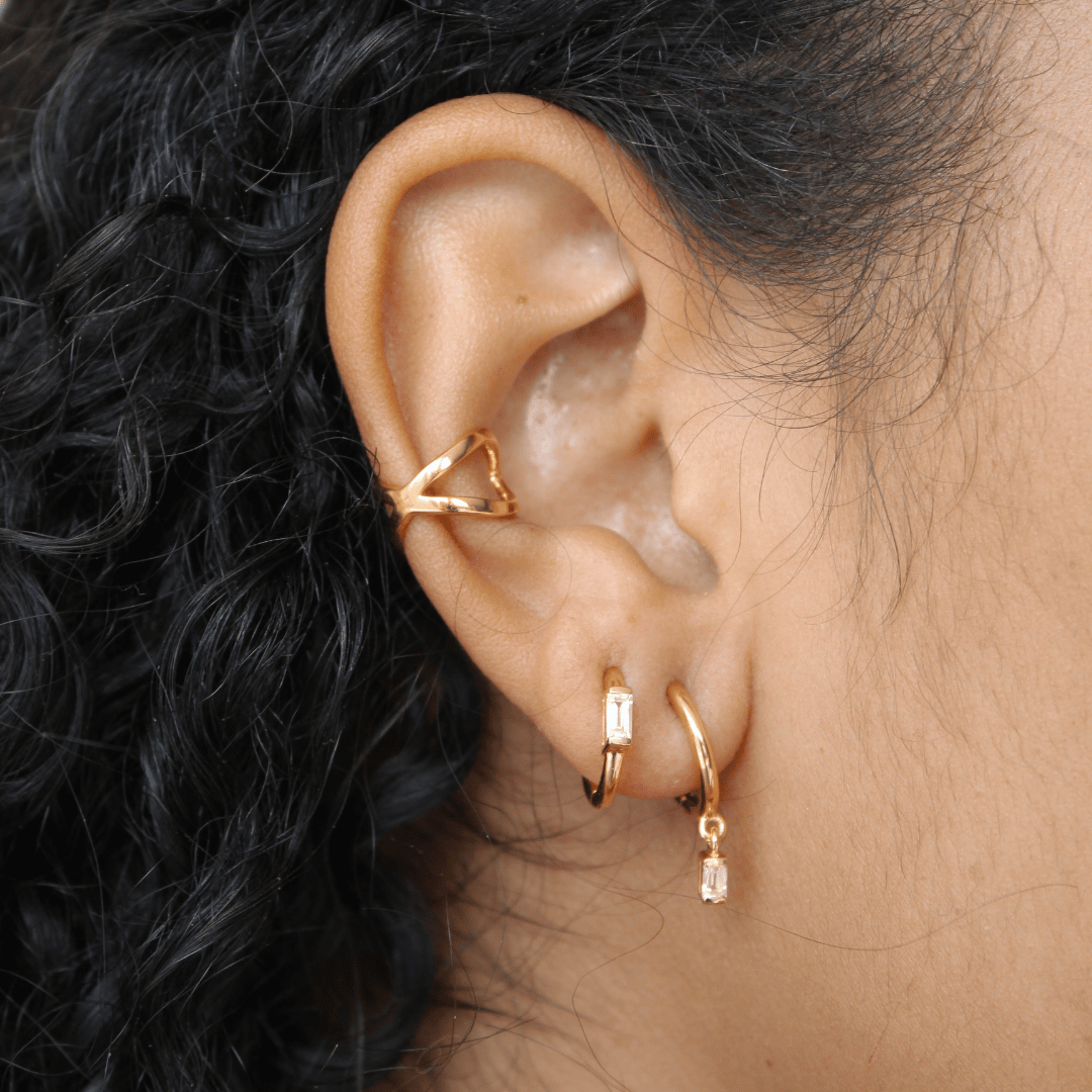 Gold Baguette Charm Huggie Earrings