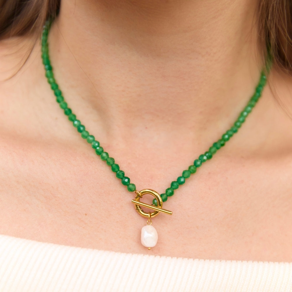 Gold Cala Green Agate Pearl Necklace