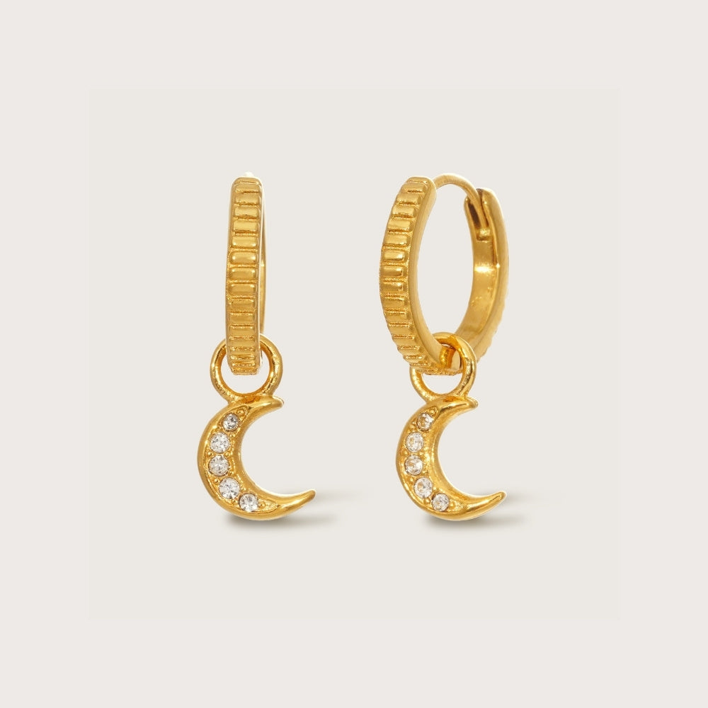 Gold Crystal Moon Charm Huggies