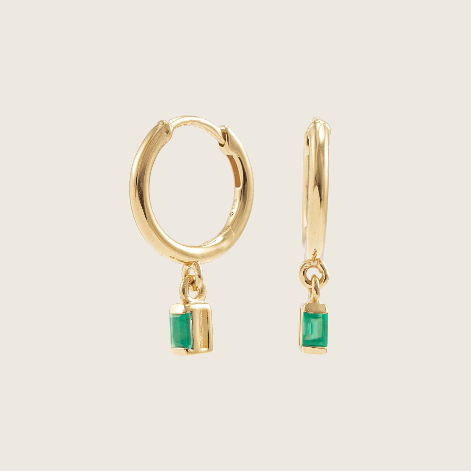 Gold Green Onyx Baguette Charm Huggie Earrings