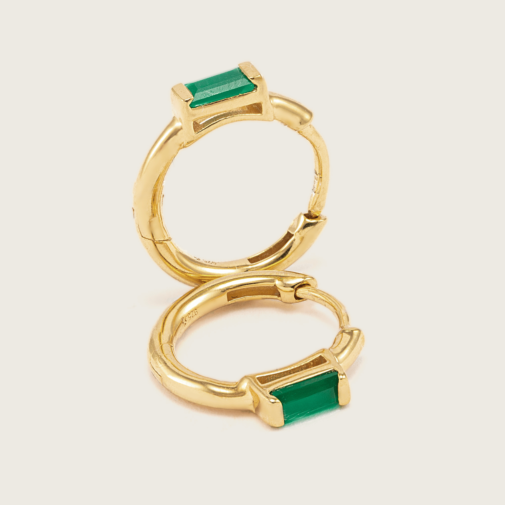 Gold Green Onyx Baguette Huggie Earrings