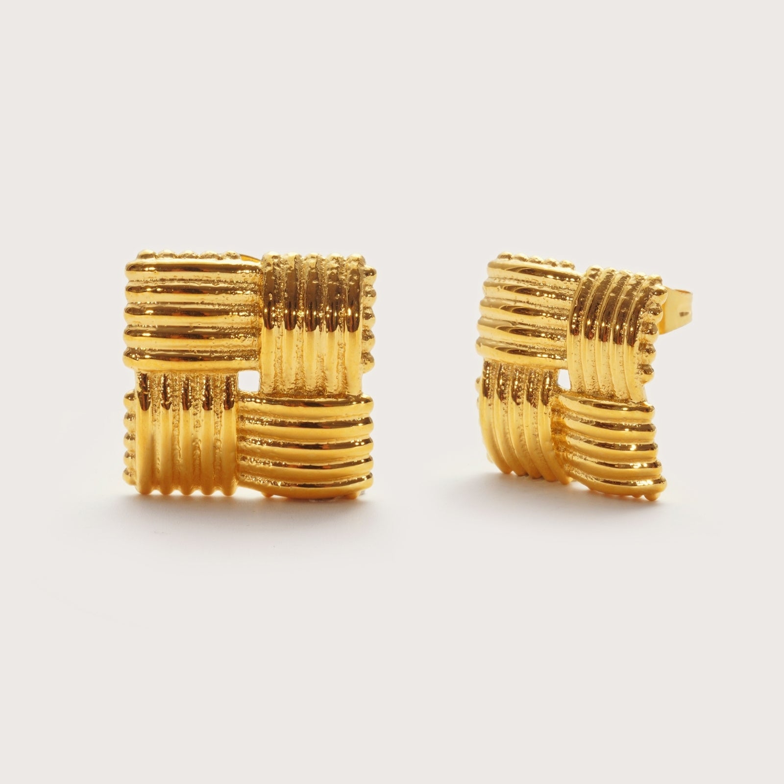 Gold Square Woven Statement Studs – waterproof gold statement earrings