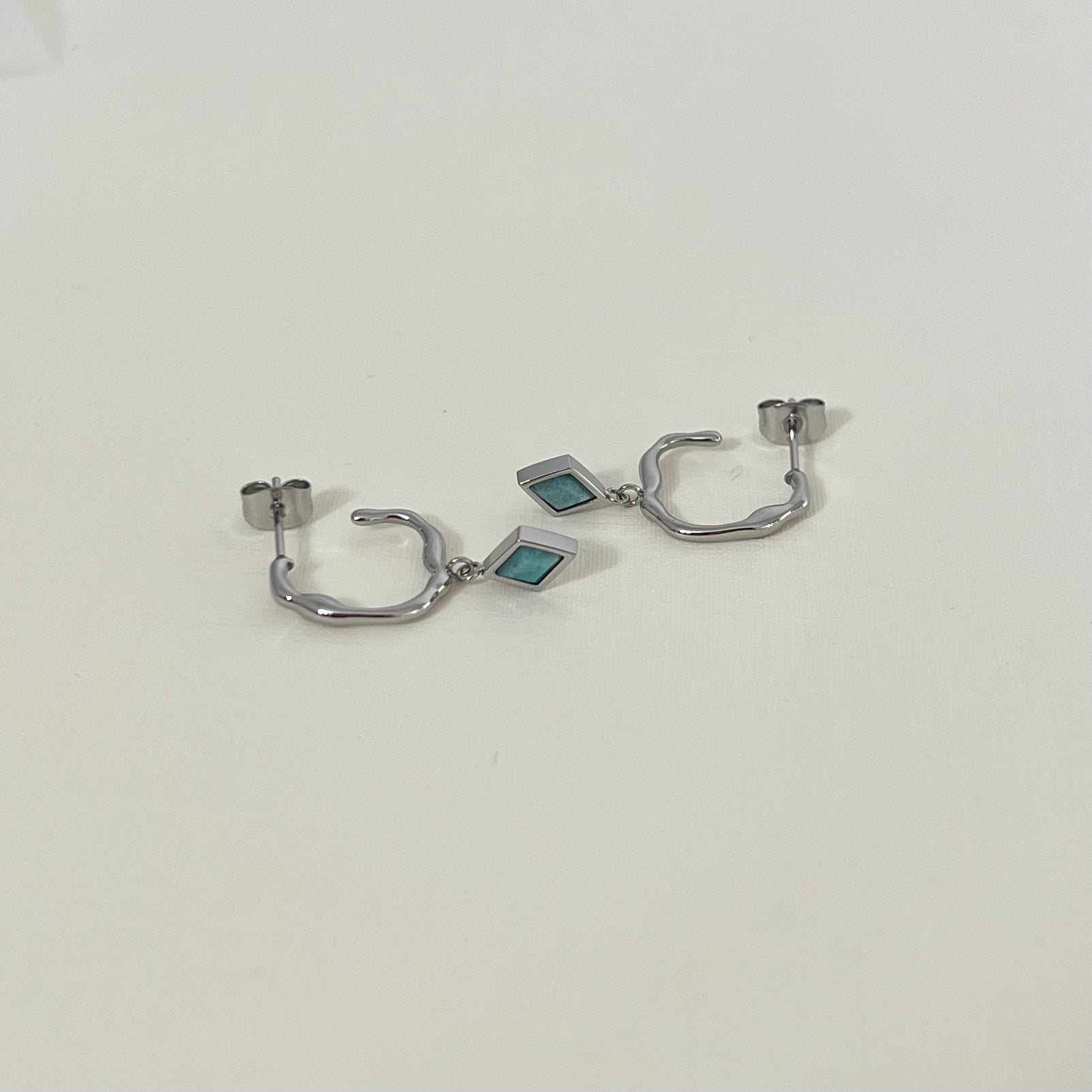 Sample Sale Silver Amazonite Rhombus Charm Hoops (Waterproof)