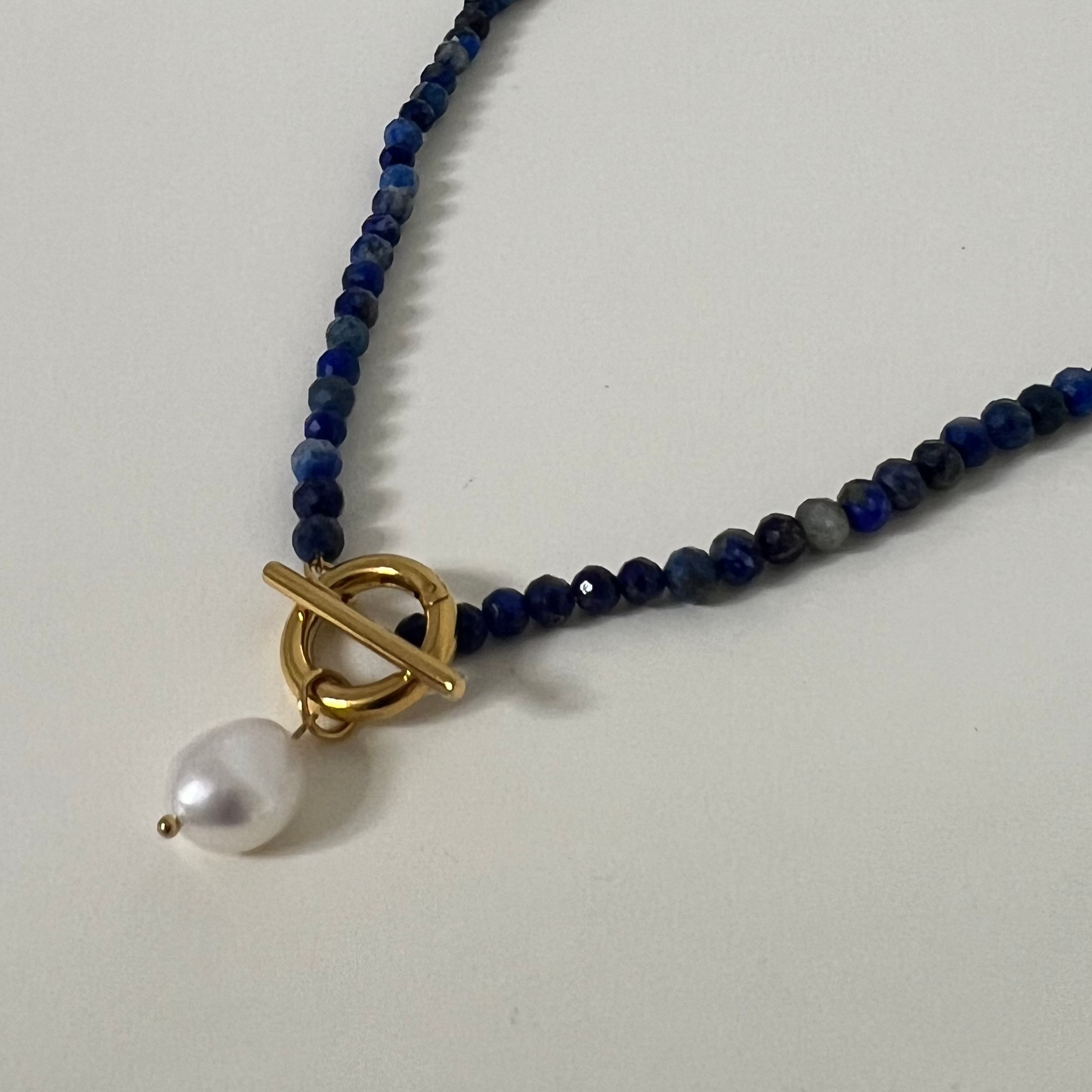 Sample Sale Gold Lapis and Freshwater Pearl Cala Necklace (Waterproof)