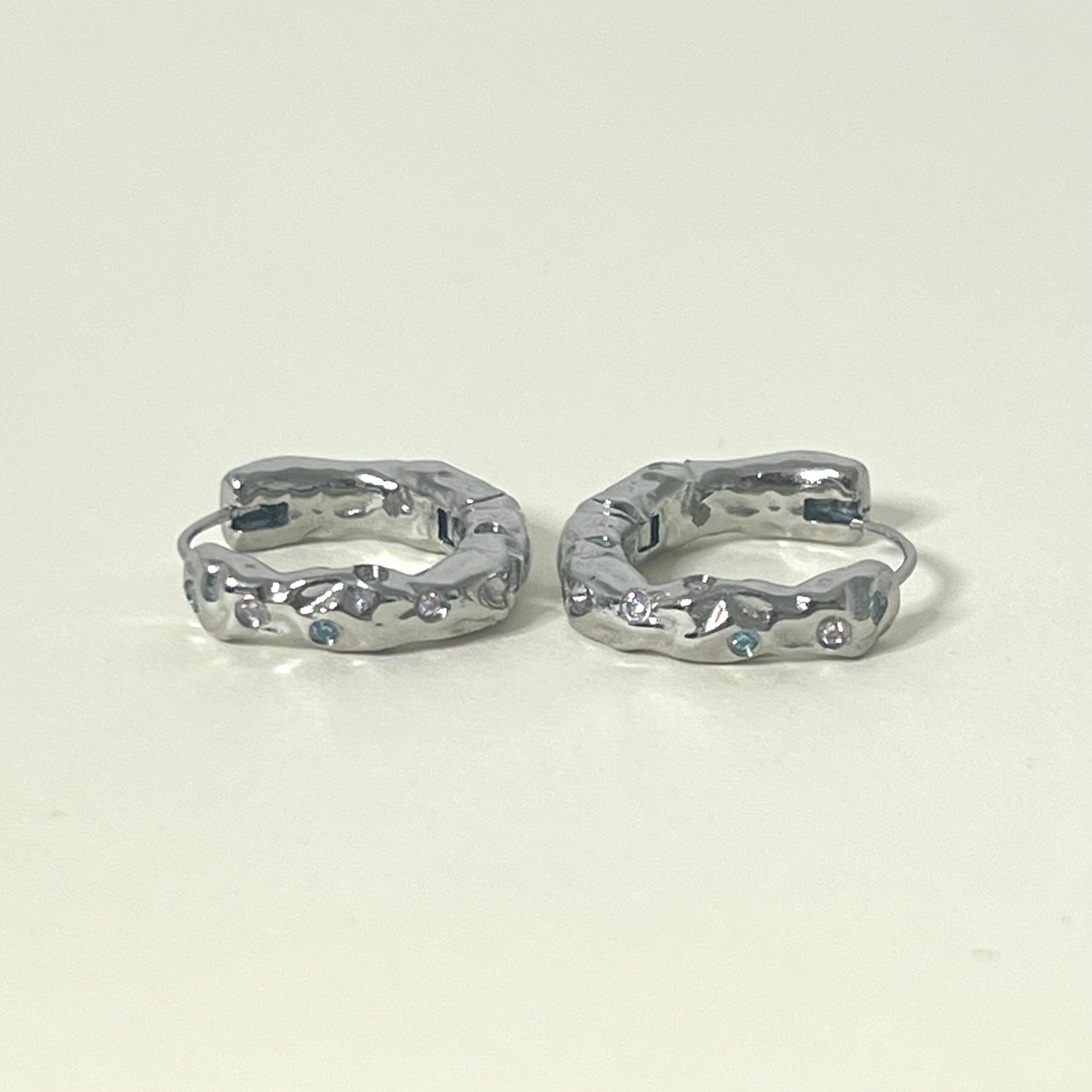 Sample Sale Silver Molten Hoops with Light Blue and Pink Crystals (waterproof)