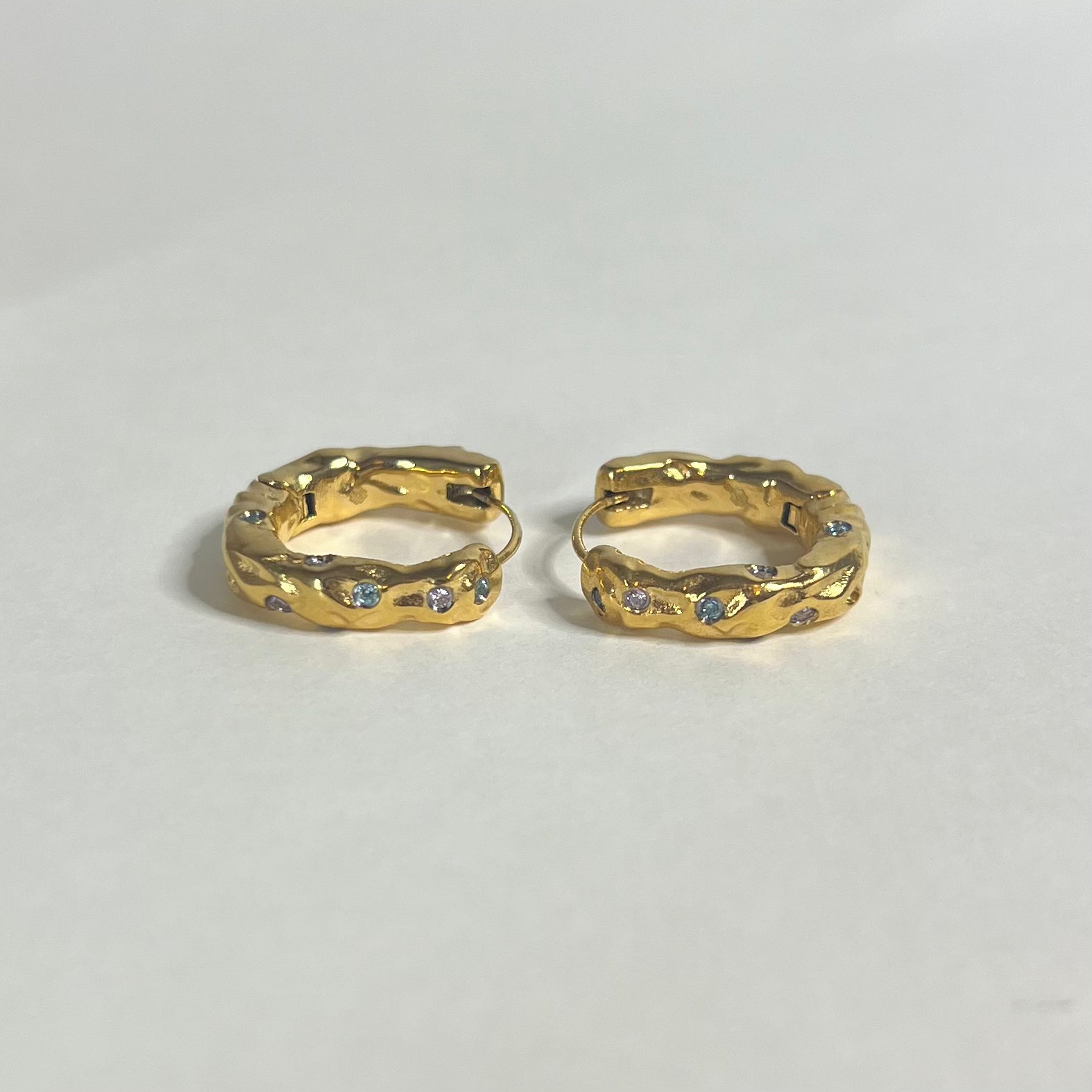 Sample Sale Gold Molten Hoops with Light Pink and Light Blue Crystals (Waterproof)