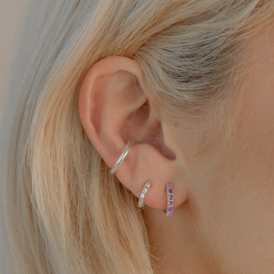 Silver Amethyst Gemstone Huggie Earrings