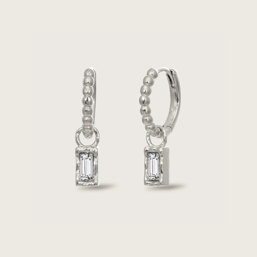 Silver Crystal Molten Baguette Charm Huggies