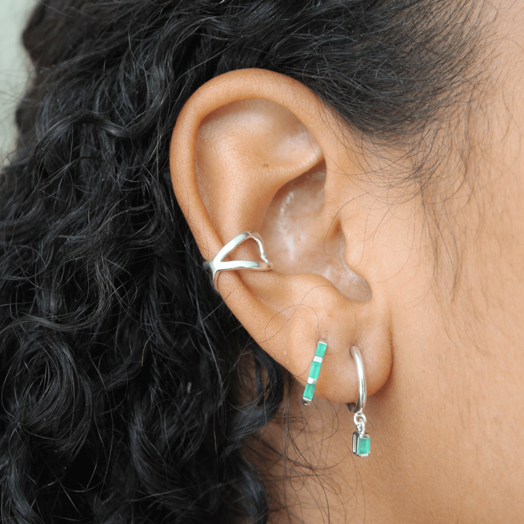 Silver Green Onyx Baguette Charm Huggie Earrings