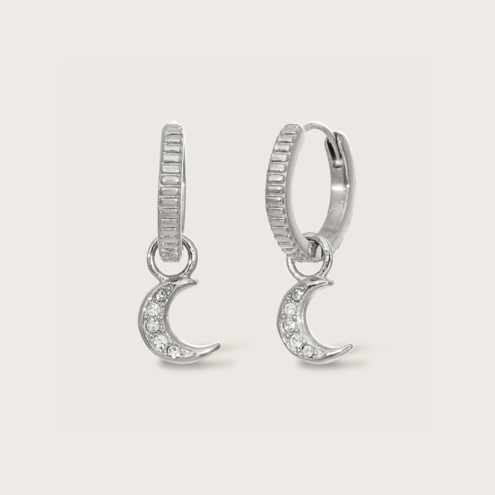 Silver Crystal Moon Charm Huggies