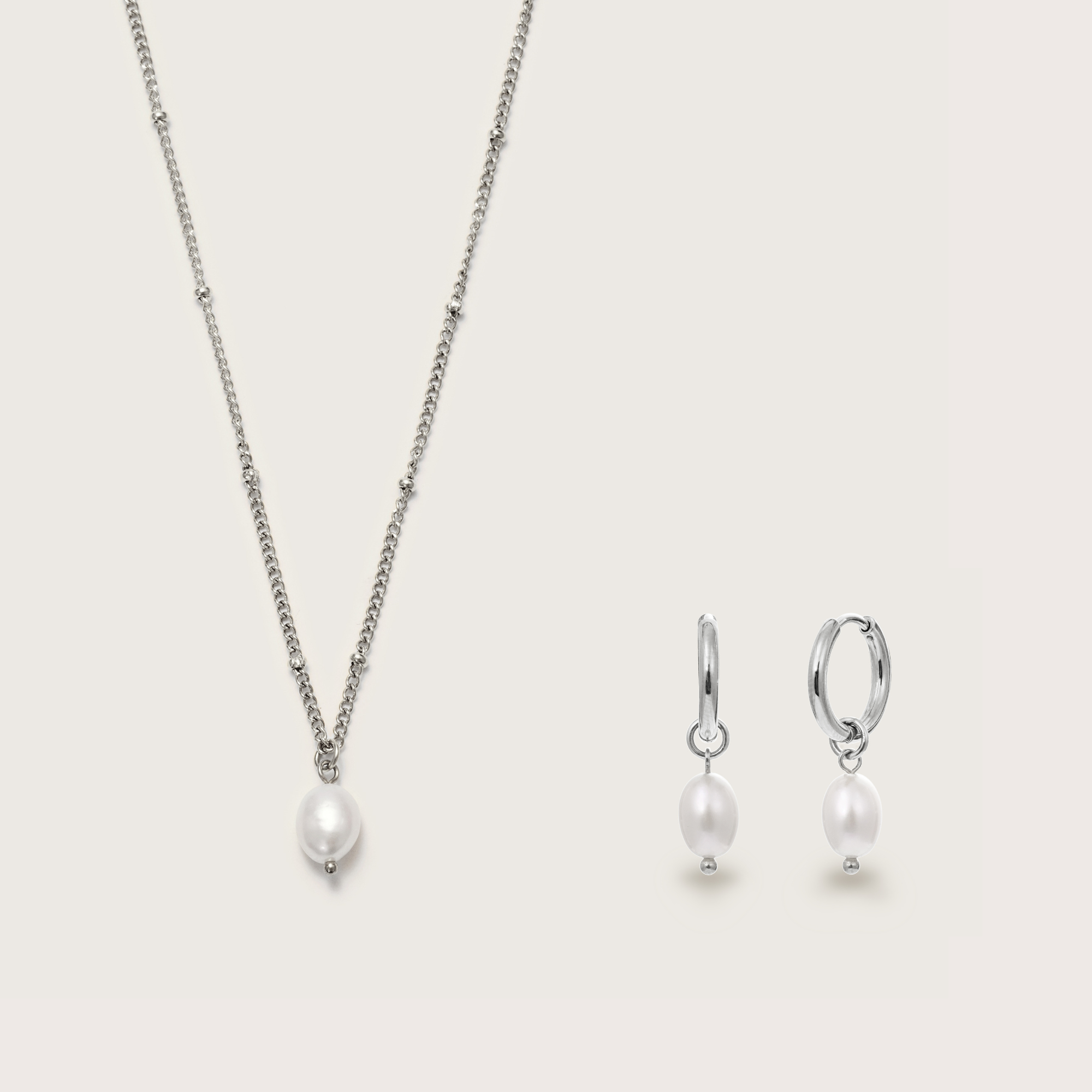 Silver Pearl Necklace and Earrings Set