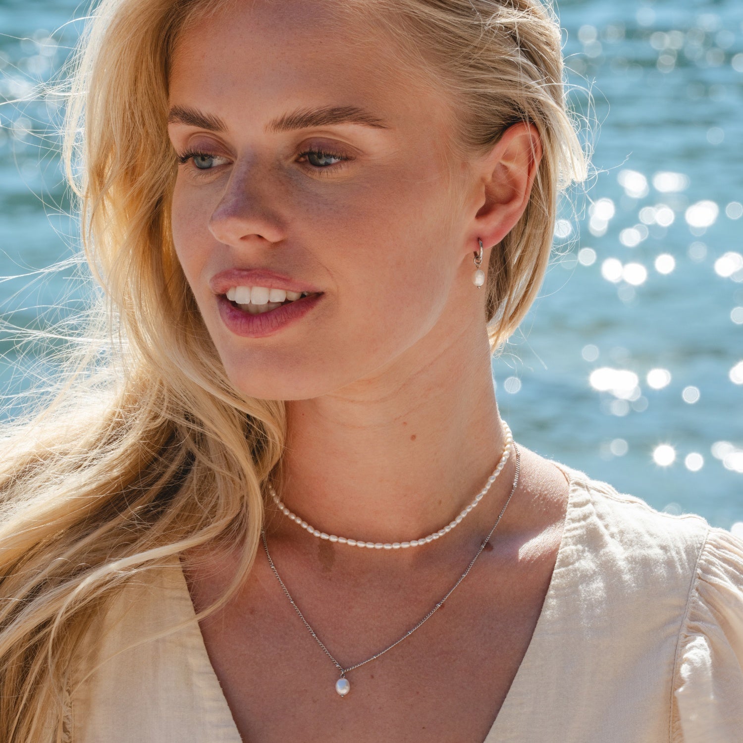 Silver Pearl Necklace and Earrings Set