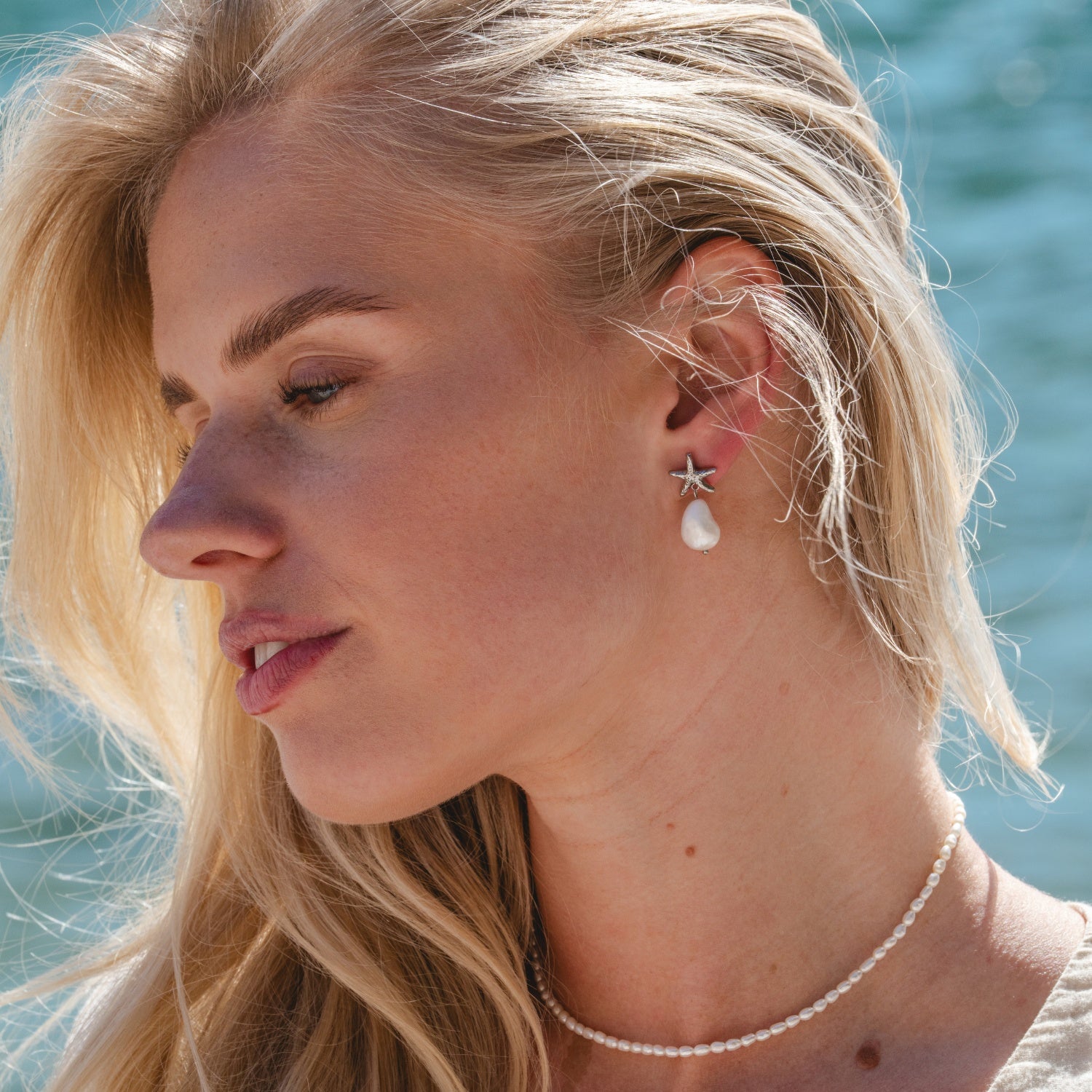 Silver Starfish Pearl Stud Earrings