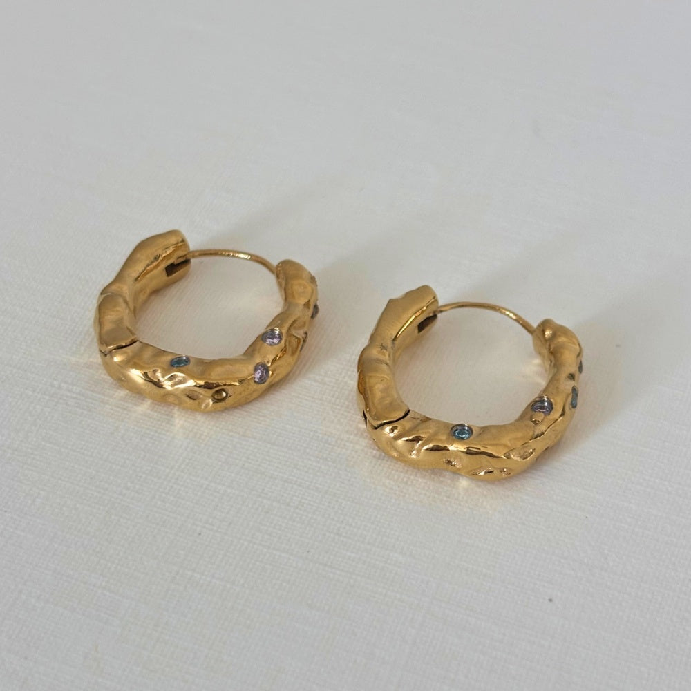 Sample Sale Gold Molten Hoops with Light Pink and Light Blue Crystals (Waterproof)